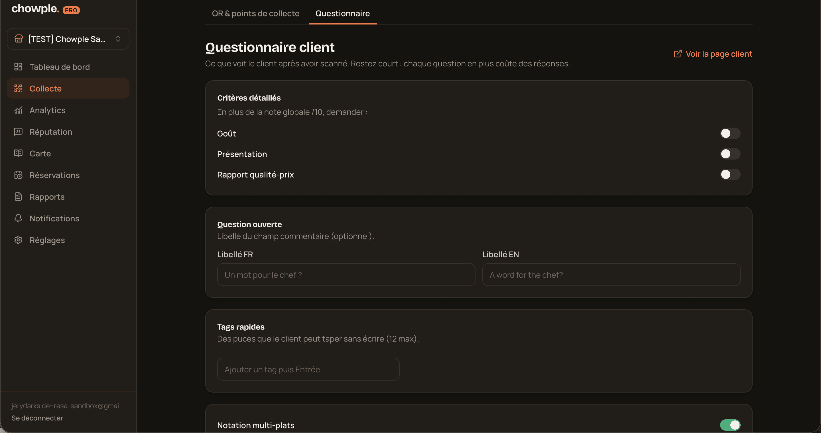 Onglet Questionnaire