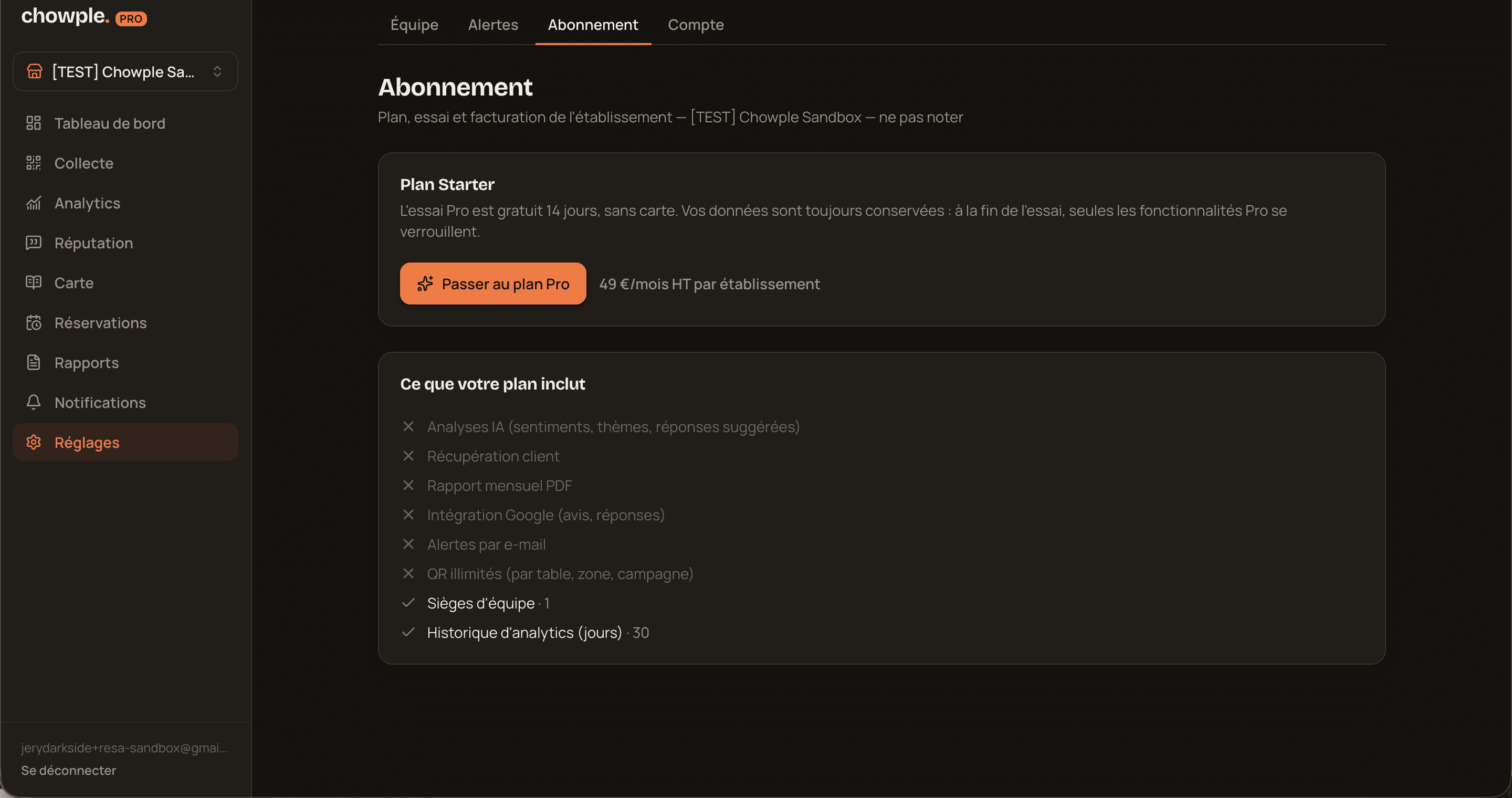 Réglages — onglet Abonnement