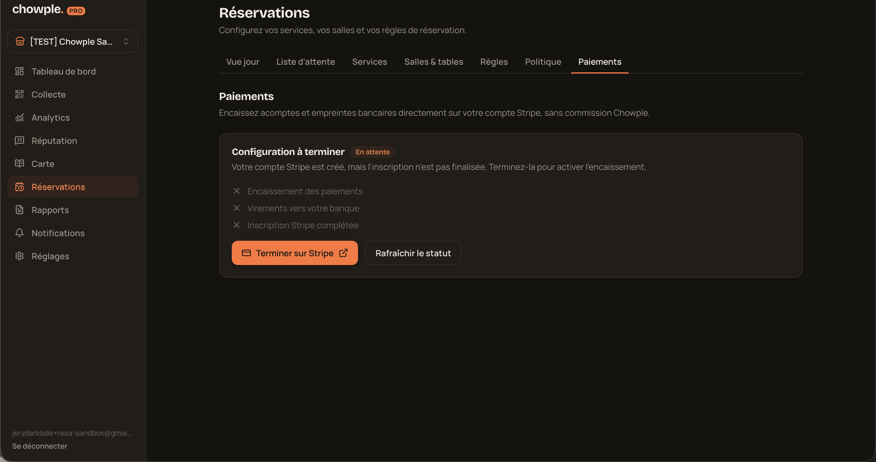 Onglet Paiements des réservations